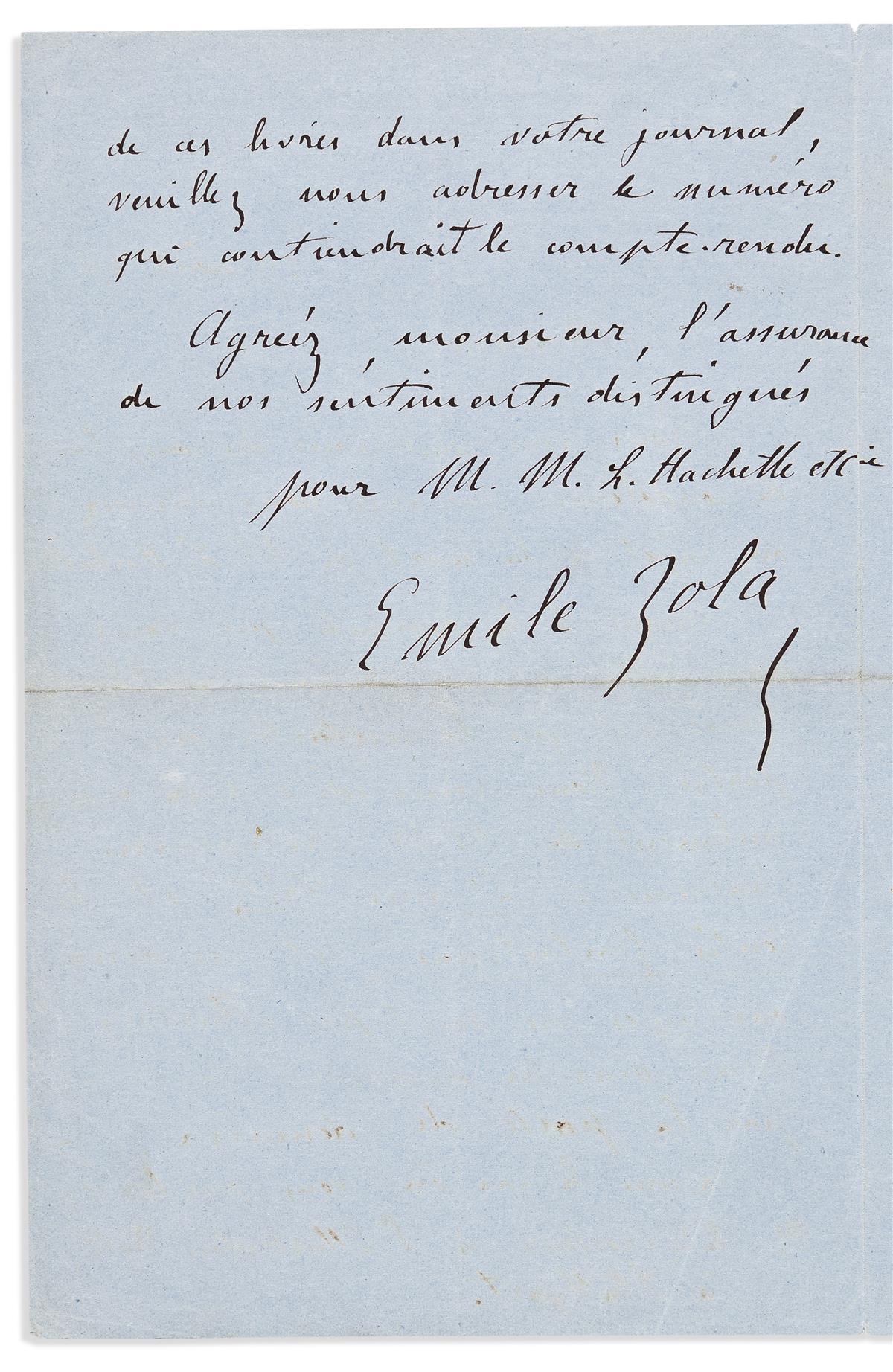 ZOLA, ÉMILE. Autograph Letter Signed, to publishing house of Louis Hachette, in French,
